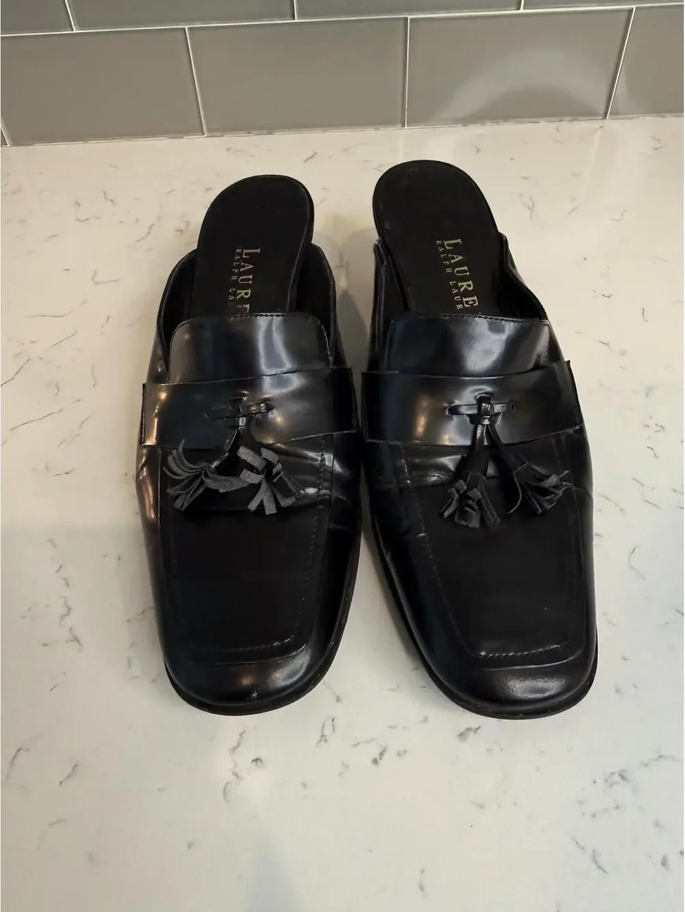 Lauren Ralph Lauren Black Leather Tassel Mule Heels Size 7B - Picture 2 of 6